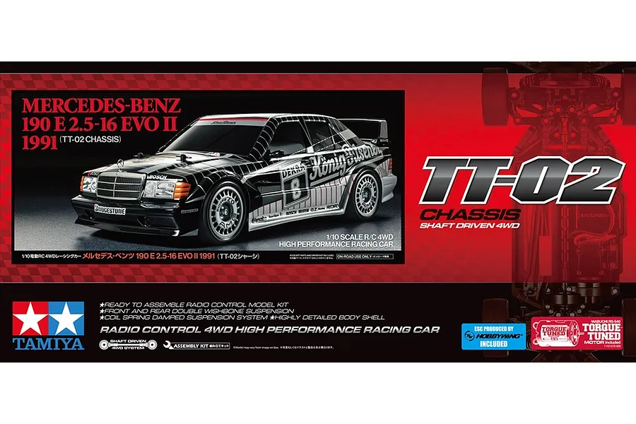 Tamiya TT-02 Mercedes-Benz 190 E 2.5-16 EVO II RC car kit box art featuring the model car and chassis details.