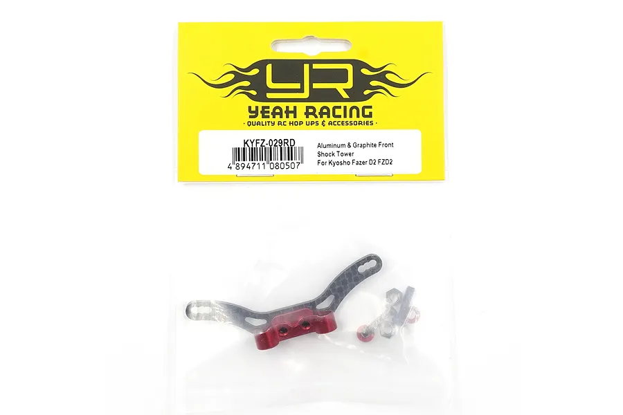 Yeah Racing front shock tower for Kyosho Fazer D2 in red aluminium and carbon fibre, sealed in retail packaging.