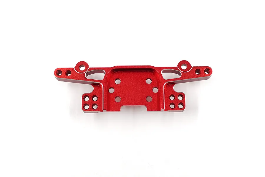 A red anodized aluminium rear shock tower for an RC car, featuring multiple mounting holes and a machined design.