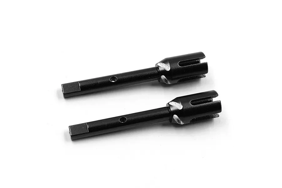 Two black metal RC outdrive cups with a slotted design and a central shaft hole, isolated on a white background.