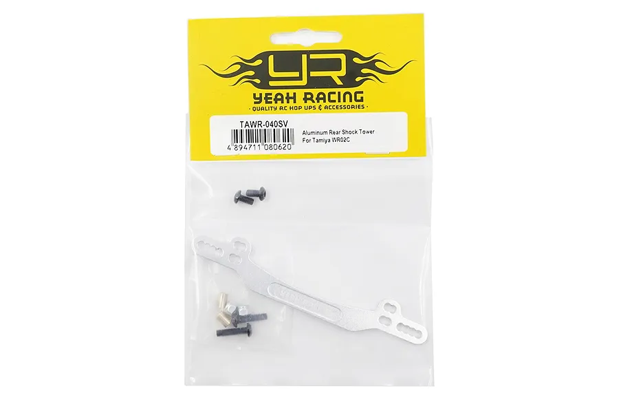 Yeah Racing aluminium rear shock tower for Tamiya WR02C in silver, packaged in a clear plastic bag with a yellow header card and included mounting hardware.