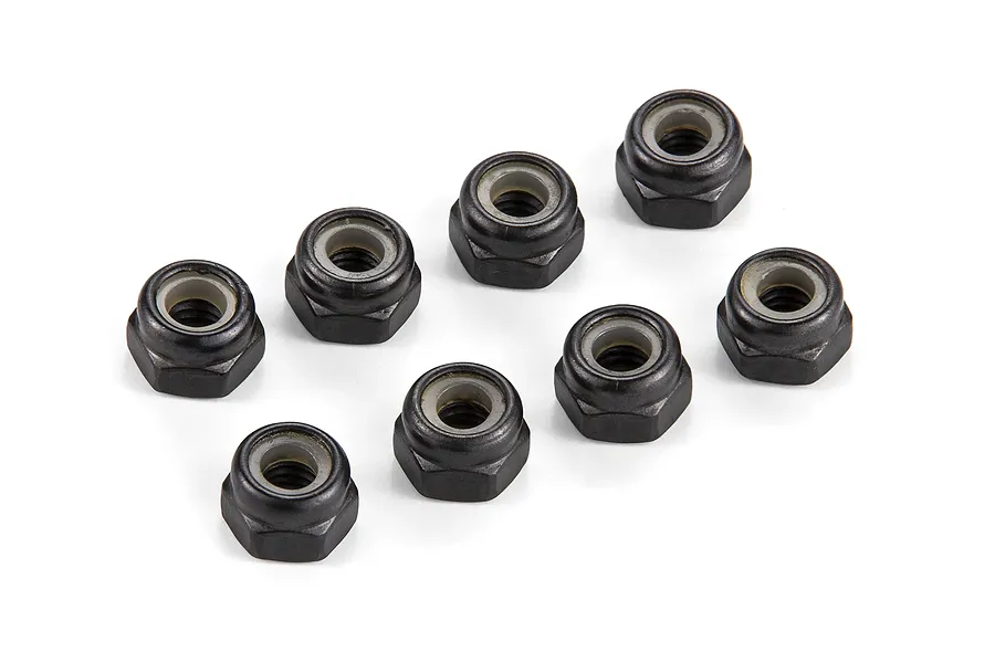 A set of eight black steel 4mm nyloc nuts arranged on a white background.