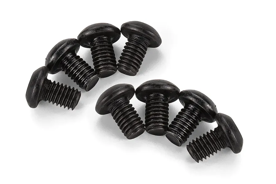 Eight black metal button head screws arranged in two curved rows on a white background.