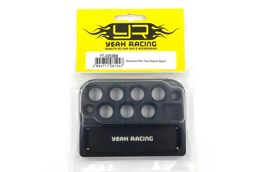 Yeah Racing Aluminium Mini Tool Stand in black, packaged in a clear plastic bag with a yellow and white header card.