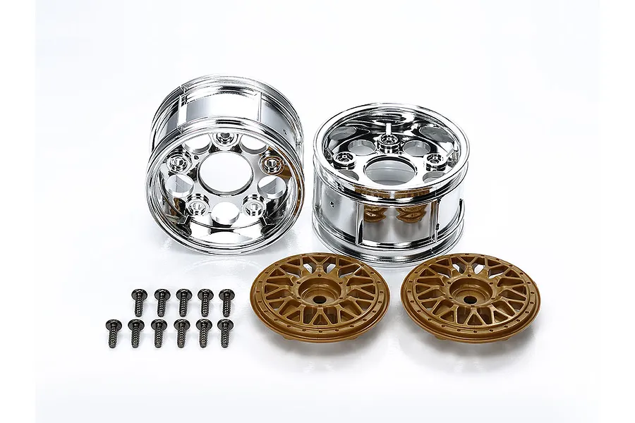 Two chrome RC wheel barrels, two gold mesh wheel faces, and twelve small black screws on a white background.