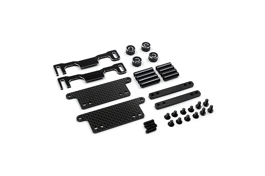 Yeah Racing black aluminium and carbon fibre short battery holder set for RC cars, including plates, posts, thumbscrews, and screws.