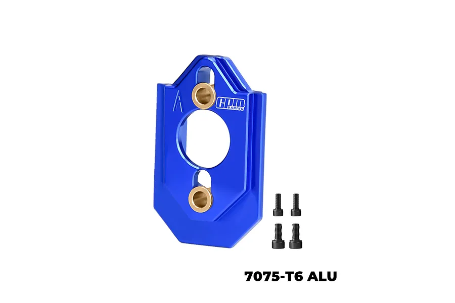 A blue GPM Racing aluminium motor mount with two brass inserts and four black screws on a white background.