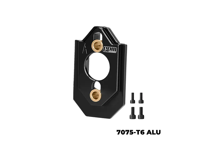A black GPM Racing aluminium motor mount with brass inserts and four small black screws on a white background.
