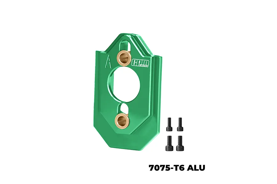 A green GPM Racing aluminium motor mount with four black screws on a white background.