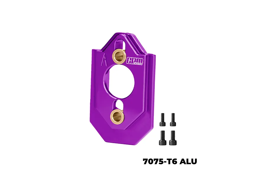 A purple GPM Racing aluminium motor mount with brass inserts and four black screws on a white background.