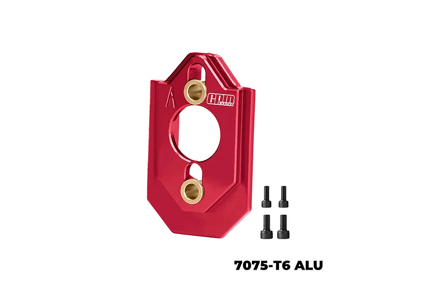 A red GPM Racing aluminium motor mount with brass inserts and four black screws on a white background.