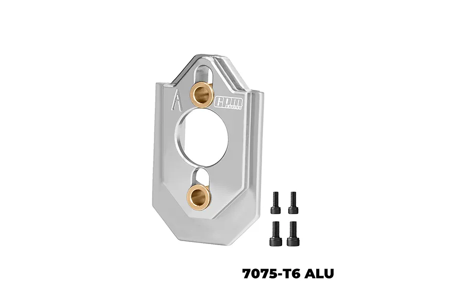 A silver GPM Racing aluminium motor mount with two brass inserts and four black screws on a white background.
