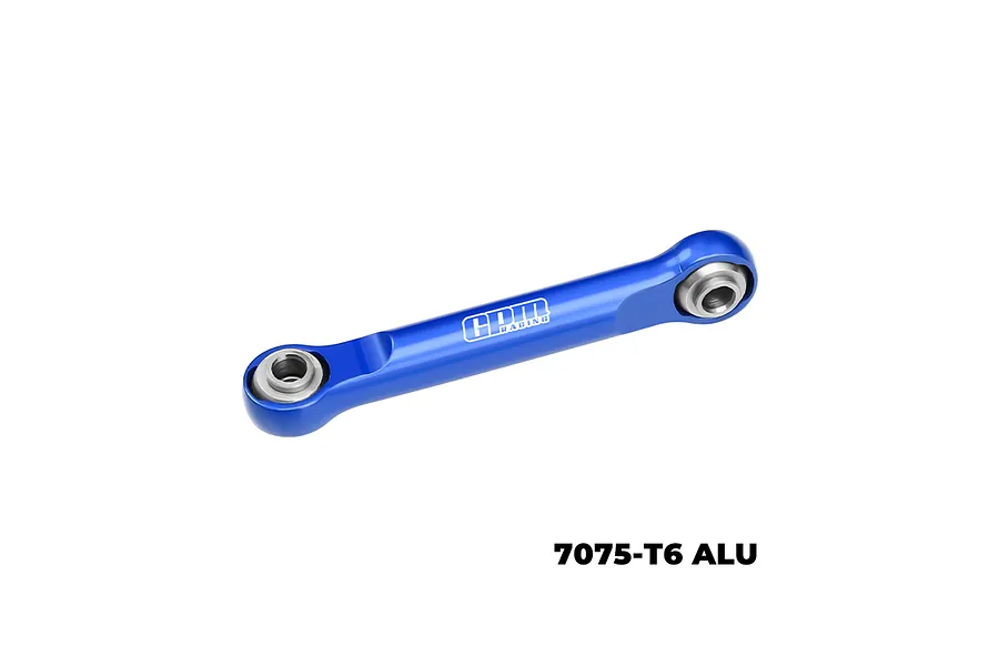 A blue GPM Racing aluminium steering link with silver ball ends, isolated on a white background.