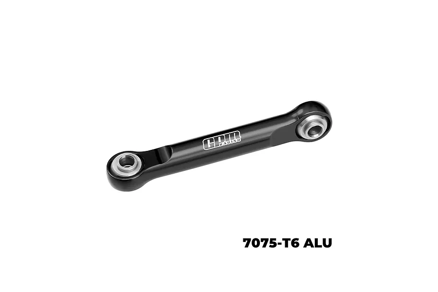 A black GPM Racing aluminium steering link for RC cars, featuring silver metal ball joints at both ends and the GPM Racing logo printed on the side.