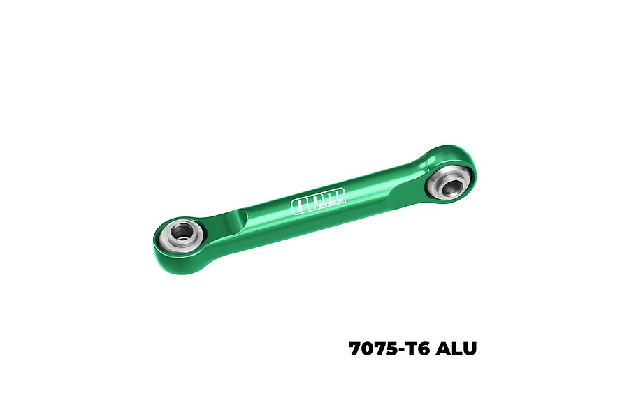 A green anodized aluminium steering link by GPM Racing, featuring silver metal ball joints at each end, set against a plain white background.