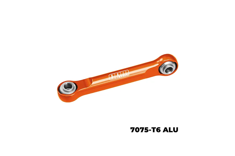 An orange GPM Racing aluminium steering link with silver ball ends on a white background.