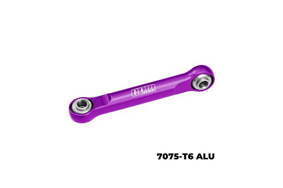 A purple GPM Racing aluminium steering link with silver metal pivot balls at each end, isolated on a white background.