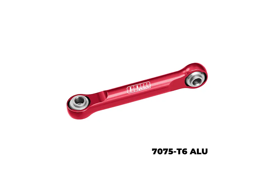 A red GPM Racing aluminium steering link featuring silver metal ball ends, set against a plain white background.