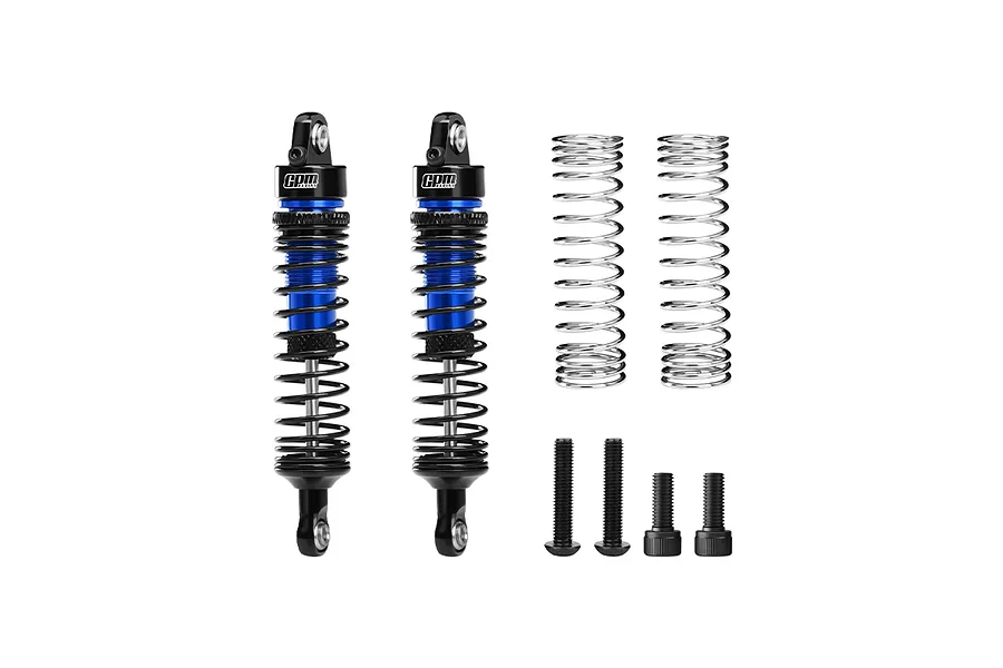 A set of two GPM Racing blue and black aluminium adjustable RC shock absorbers with extra springs and mounting hardware on a white background.