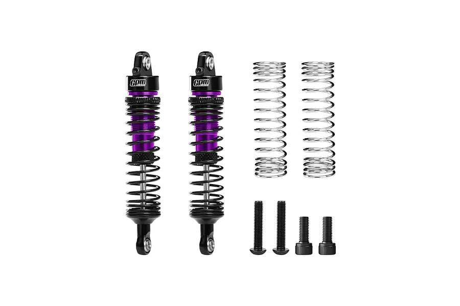A set of two GPM Racing purple and black aluminium adjustable RC shock absorbers with extra springs and mounting screws on a white background.