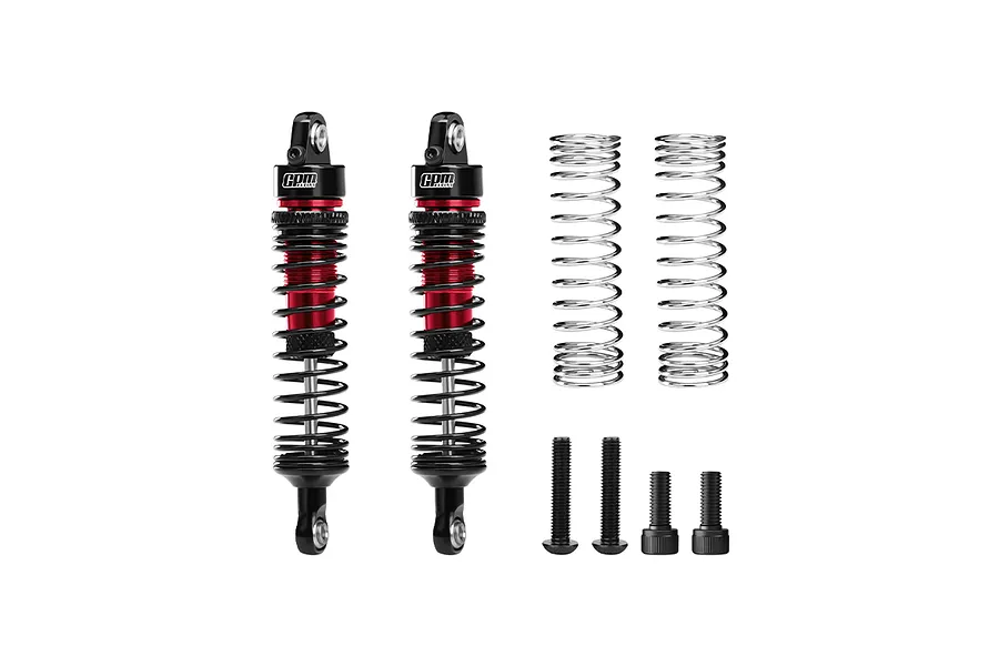GPM Racing 71mm adjustable aluminium shock absorbers in red and black with extra springs and mounting hardware.