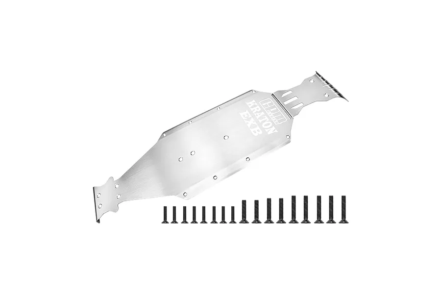 GPM Racing stainless steel chassis skid plate for Arrma Kraton EXB with included black mounting screws on a white background.