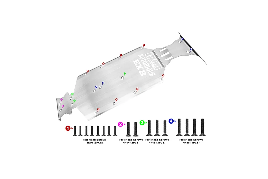 GPM Racing stainless steel chassis skid plate for Arrma Notorious EXB with numbered installation points and corresponding flat head screws.