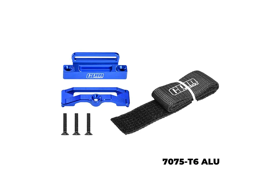 GPM Racing blue aluminium battery hold-down set with black velcro strap and three mounting screws on a white background.