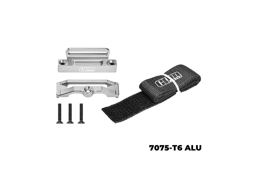 GPM Racing silver aluminium battery hold-down set with black velcro strap and three mounting screws on a white background.