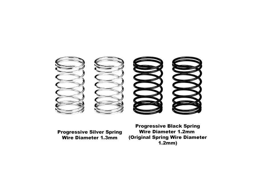A set of four RC shock springs from GPM Racing, including two silver springs and two black springs, displayed against a white background.