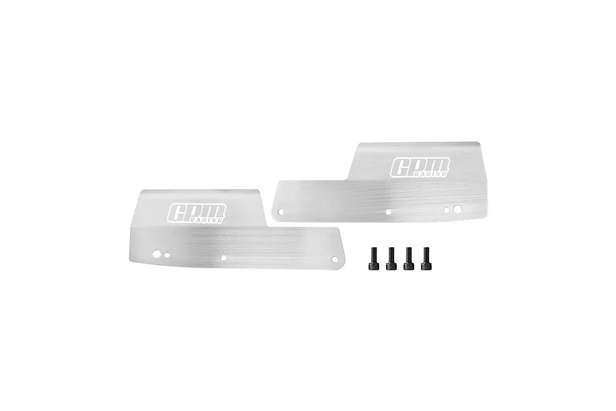 Two silver stainless steel GPM Racing rear mud guards with four black mounting screws on a white background.
