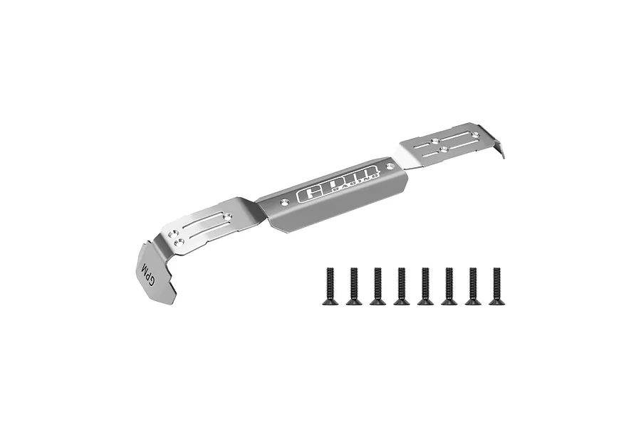 GPM Racing stainless steel centre skid plate for RC chassis with eight black mounting screws on a white background.