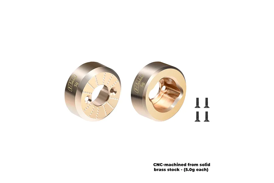Two GPM Racing brass weighted rear hubs for RC cars, each weighing 5g, shown with four small black screws on a white background.
