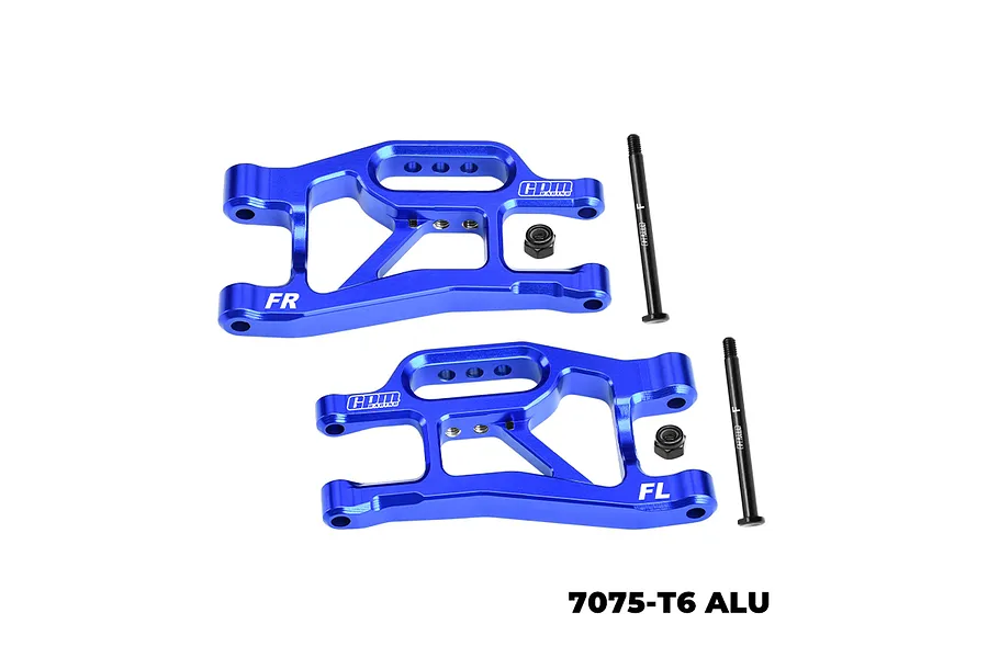 A pair of blue anodized aluminium front suspension arms for an RC car by GPM Racing, including two black hinge pins and two black lock nuts.