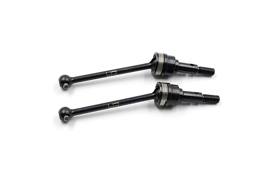 Two black Yeah Racing CVD driveshafts for RC cars, featuring metal construction and the YR logo, isolated on a white background.