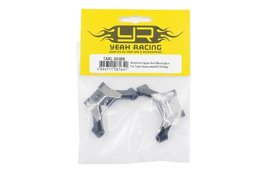 Two black aluminium upper arm mounts for RC cars in a Yeah Racing branded yellow and clear plastic retail bag.