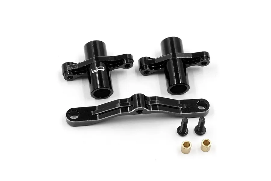 A set of black anodized aluminium RC steering assembly components including two bell cranks, a steering rack, two screws, and two brass bushings.
