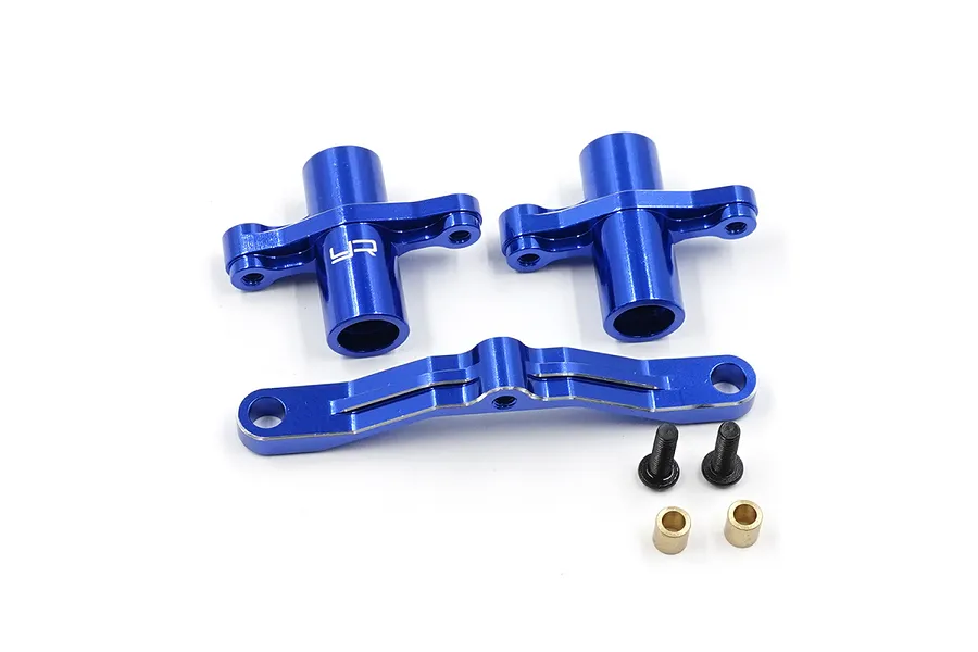 Yeah Racing blue anodized aluminium steering assembly set including bell cranks, steering bridge, screws, and bushings on a white background.