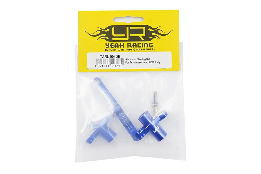 Yeah Racing Aluminium Steering Assembly Set in deep blue packaging for Team Associated RC10 Rally.