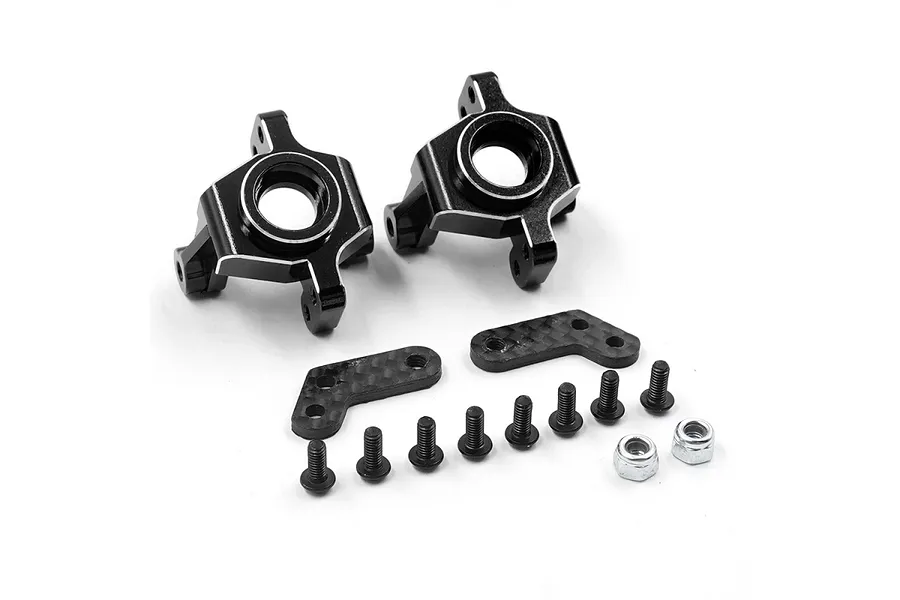 A set of two black aluminium steering hub carriers, two carbon fiber linkage plates, eight small screws, and two metal lock nuts on a white background.