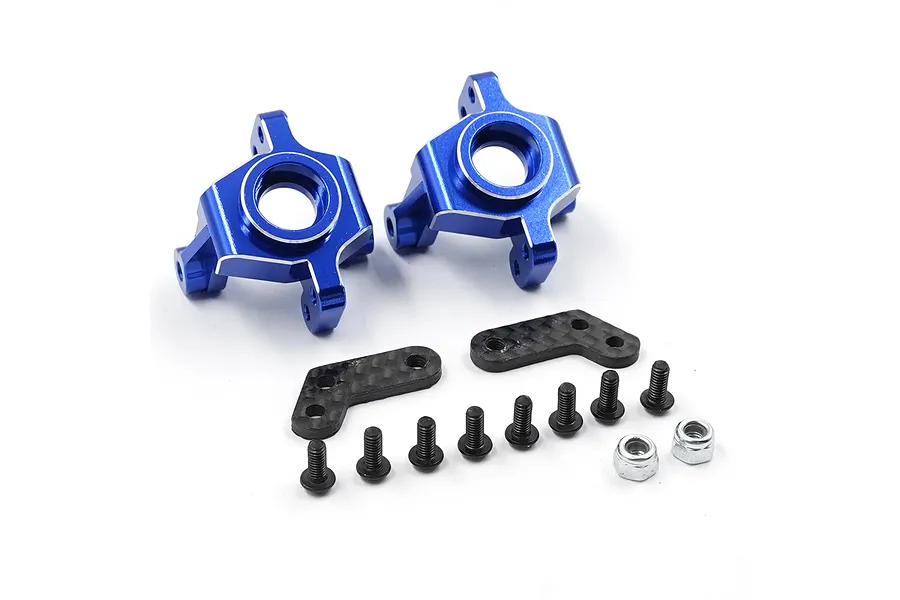 A set of blue anodized aluminium steering hub carriers, two carbon fiber linkage plates, eight black screws, and two silver lock nuts on a white background.