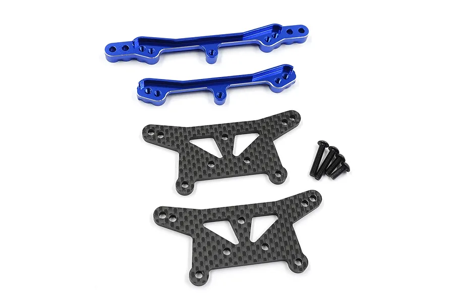 Yeah Racing blue aluminium and carbon fibre shock tower set for RC cars, including four metal screws.