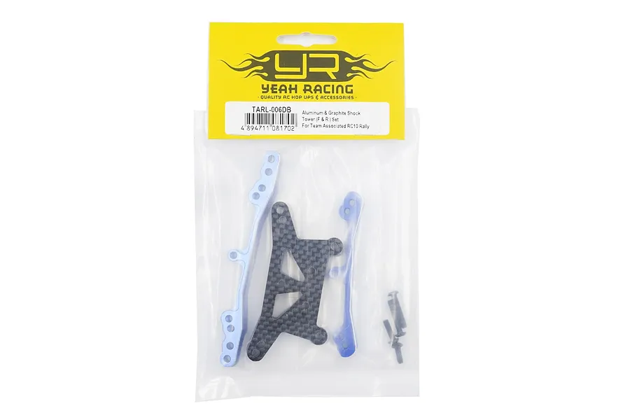 Yeah Racing TARL-006DB shock tower set in original yellow and clear plastic packaging.