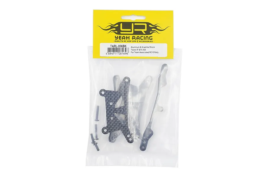 Yeah Racing TARL-006BK shock tower set in original yellow and clear plastic packaging.