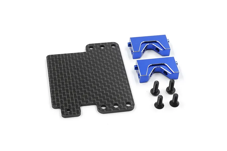 Yeah Racing aluminium and carbon fibre servo mount set in deep blue, including a carbon plate, two blue mounts, and four black screws.