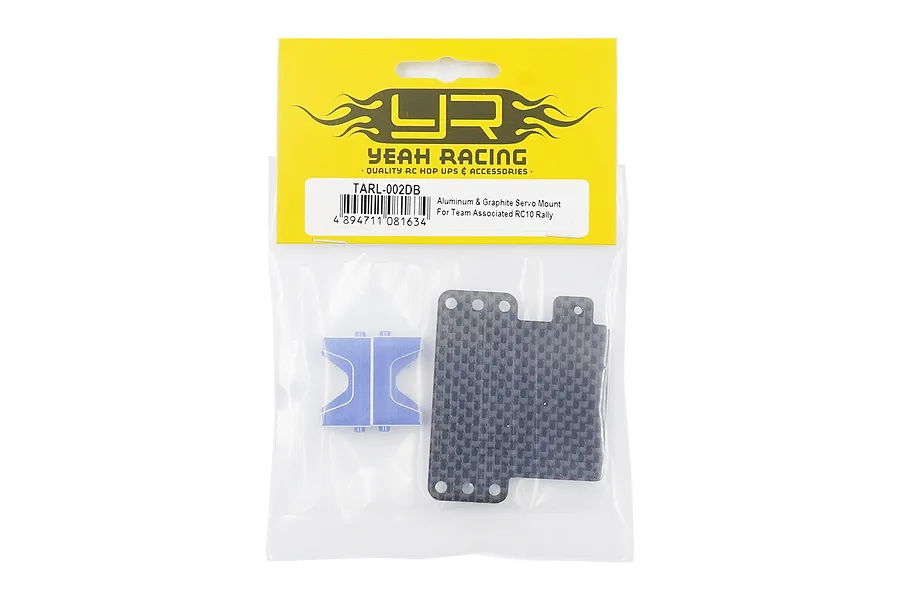 Yeah Racing Aluminium and Carbon Fibre Servo Mount Set for Team Associated RC10 Rally in original retail packaging.