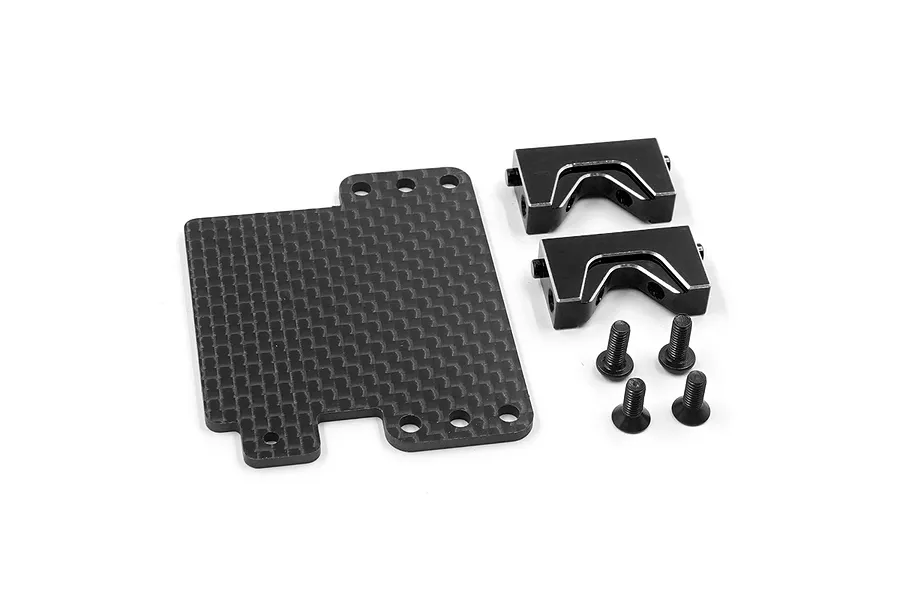 A Yeah Racing servo mount set including a carbon fibre plate, two black aluminium mounts, and four small screws on a white background.