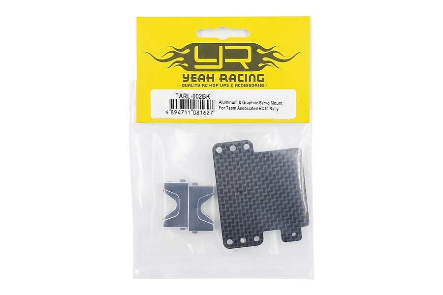 Yeah Racing TARL-002BK servo mount set in original yellow and clear plastic packaging.