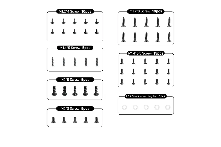 A diagram showing various sizes of screws and shock-absorbing pads for BetaFPV drones, labeled with their specific dimensions and quantities.