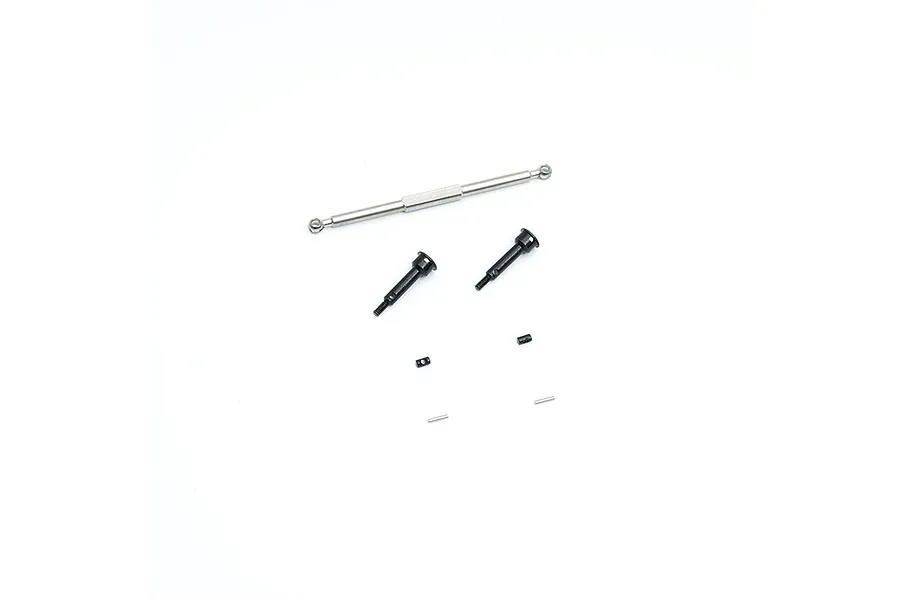 FMS RC front CVD driveshaft set components including a metal tie rod, two black axle shafts, and small hardware pins.